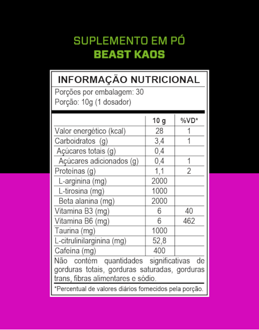 Segunda imagem do produto Pre Treino Beast KAOS - 400mg cafeina - 300g